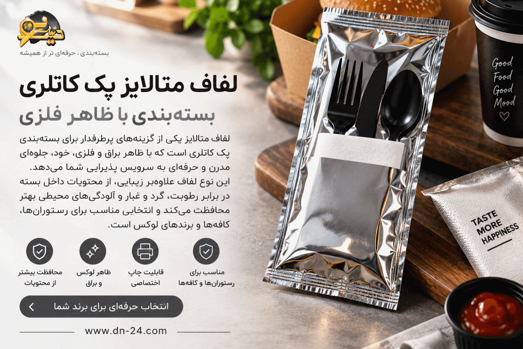 ۴. لفاف متالایز پک کاتلری؛ بسته‌بندی با ظاهر فلزی